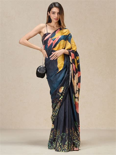 Dreamy Floral Liva Jacquard Saree in Midnight Blue Shade