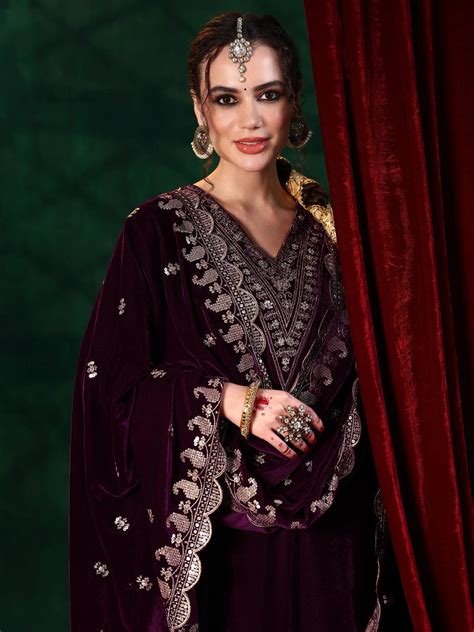 Buy Burgundy Yoke Design Velvet Straight Suit With Dupatta Online at Rs ...