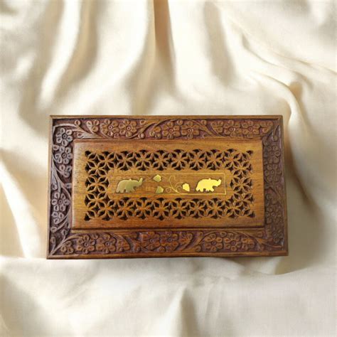SacredFig Handcrafted Wooden Jewellery Box – 10x6 Inch | Floral Cut Ca