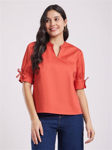 Buy Coral Red Cotton Tie-Up Sleeve To Online | FableStreet