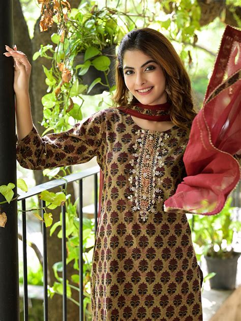 Brown Straight fit Zardozi Work Knee Long Cotton Kurta Set for women ...