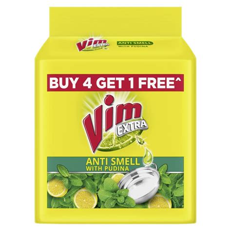 Vim Extra Anti Smell Dishwash Bar - 200g (Pudina, Buy 4 + 1 Free ...