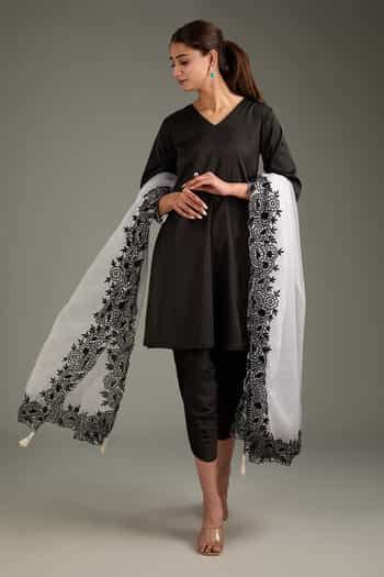 Buy Black Organza, Cotton Embroidery V-neck Kurta Set With Dupatta For ...