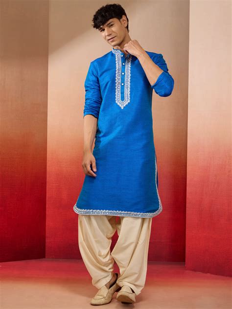 Men's Royal Blue Silk Kurta Patiala Set Diwali | VASTRAMAY – vastramay