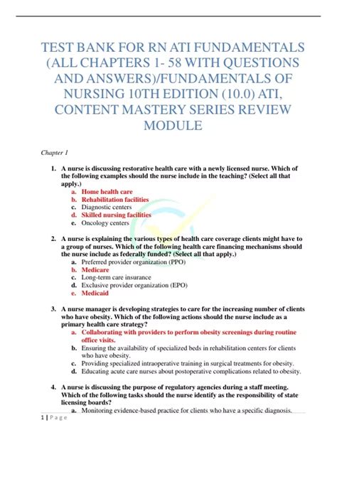 TEST BANK FOR RN ATI FUNDAMENTALS (ALL CHAPTERS 1- 58 WITH QUESTIONS ...