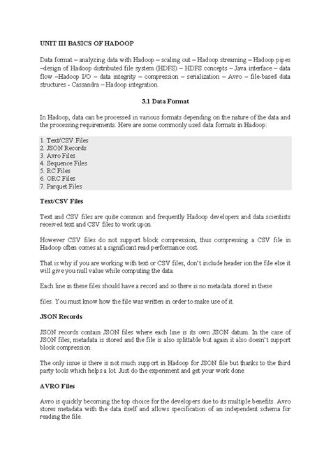 UNIT3 Notes 1 - good - 1. Text/CSV Files 2. JSON Records 3. Avro Files ...