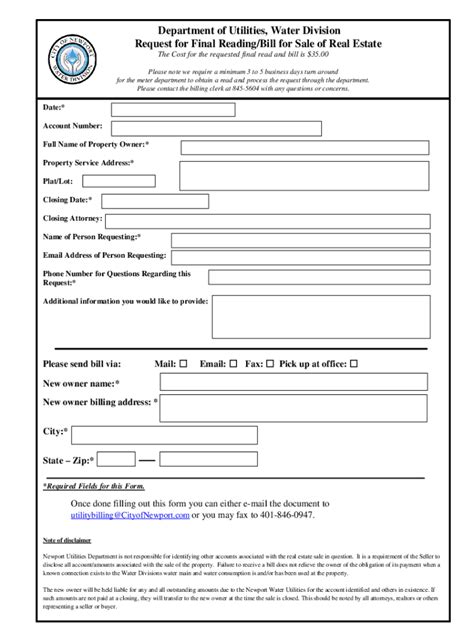 Fillable Online FINAL WATER READING REQUEST FORM Water/Sewer Department ...