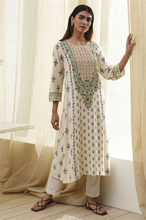 Cream-Colored Printed Straight Kurta Kurta at Biba Global