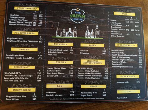 Menu at The Irish House, New Delhi, Indira Gandhi International Airport