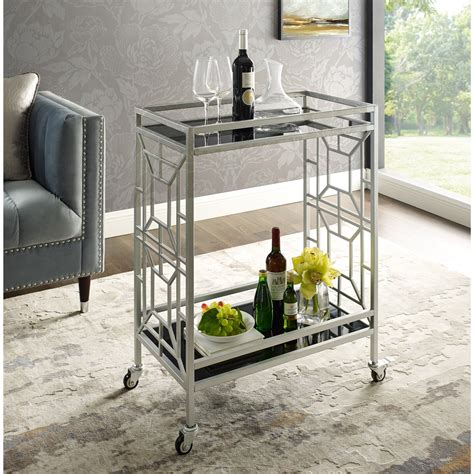 Mimi Glass Shelf Caster Leg Metal Bar/Serving Cart, Color: Silver/Black ...
