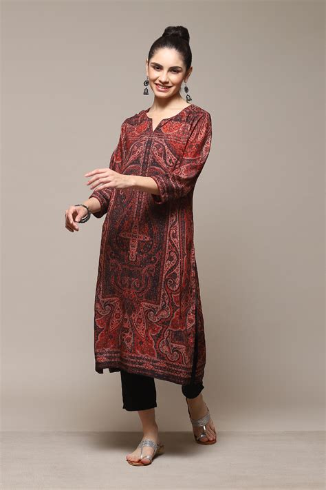 Dull Red Rayon Straight Printed Kurta