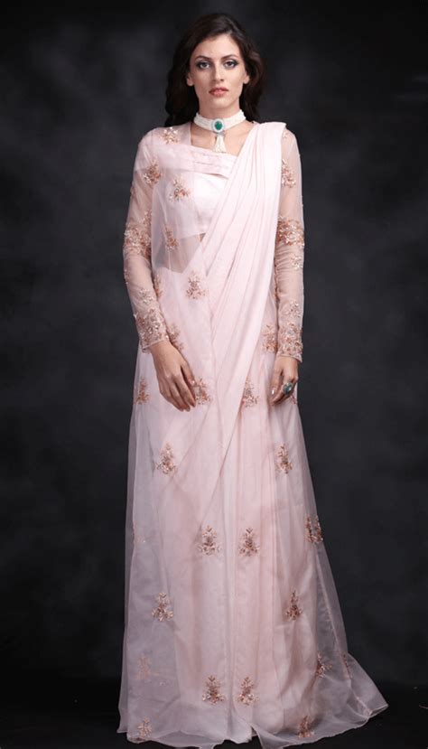 Baby Pink Crepe Saree With Organza Jacket – Masumi Mewawalla