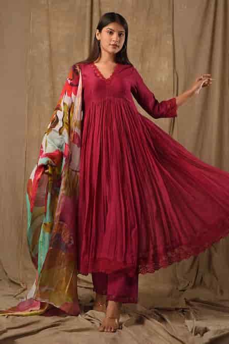 Buy Magenta Handloom Cotton, Chanderi Lace, Schiffli Bloom Embellished ...