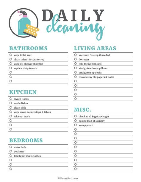 Printable Daily Cleaning Checklist Daily Cleaning Checklist, Cleaning Schedule Templates, Weekly ...