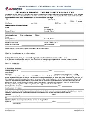 USAV Youth & Junior Volleyball Player Medical Release Form 2019-2026 ...