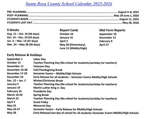 Santa Rosa County District Schools Holiday Calendar 2025-2026 - My ...