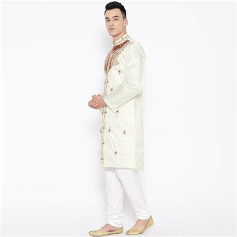 wavecolour | Men Cream-Coloured & White Self-Design Sherwani
