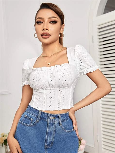 SHEIN PETITE Square Neck Eyelet Embroidery Lettuce Trim Crop Tee ...