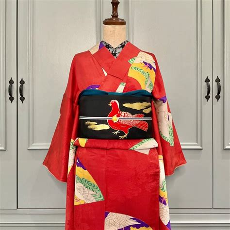 鳩扇＊ハト 鳩 扇面 朱色 紅 赤 オレンジ 橙 花 アンティーク小紋着物 A625 | kimono tento