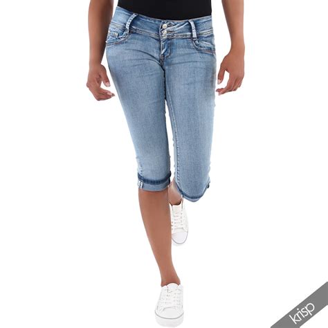 Womens Stretch Slim Fit Cropped Jeans Capri Knee Long Shorts Summer Hot ...