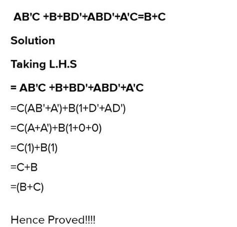 simplify AB''C+B+BD'+ABD'+A'C - Brainly.in