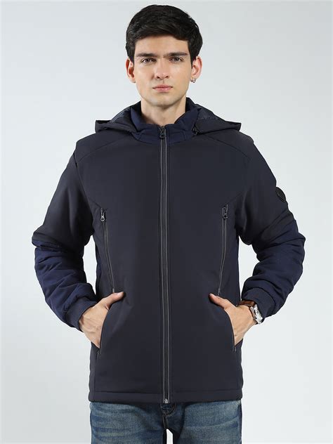 Buy Men Navy Blue Solid Detachable Hood Full Sleeve Jacket Online in ...