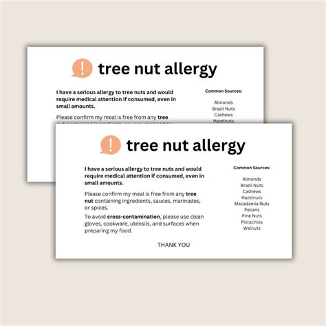 Printable Tree Nut Allergy Food Alert Cards - Allergy Travel Cards ...