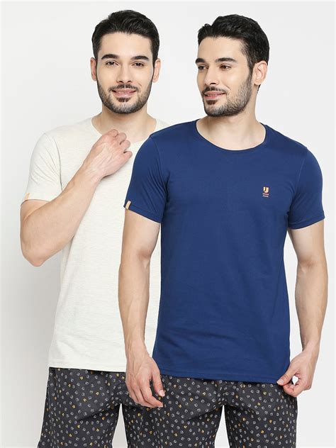 Men Premium Navy Blue & Ecru Melange Cotton Regular Fit Round Neck T ...