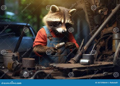 Mechanic Raccoon in Denim Overalls, Raccoon Doing Repairs, Funny Raccoon Repairer Working Class ...
