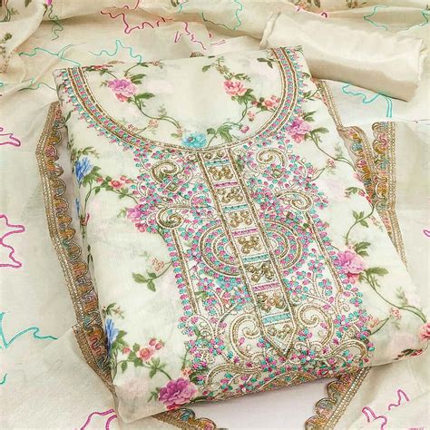 Cream Floral Digital Printed Chanderi Dress Material With Cording Embr