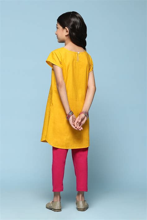Yellow Cotton Straight Solid Kurta Set at Biba India