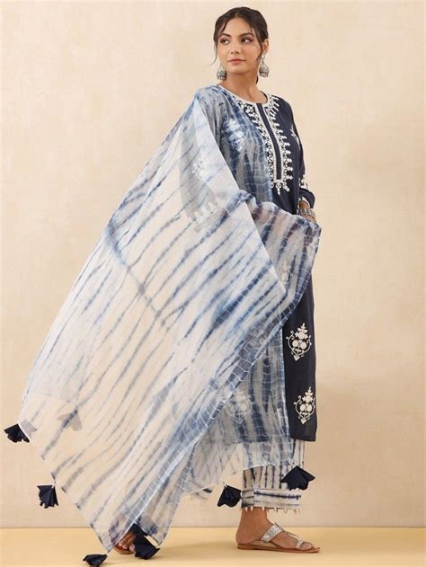 Buy Dark Blue Aari Embroidered Cotton Kurta with White Tie and Dye ...
