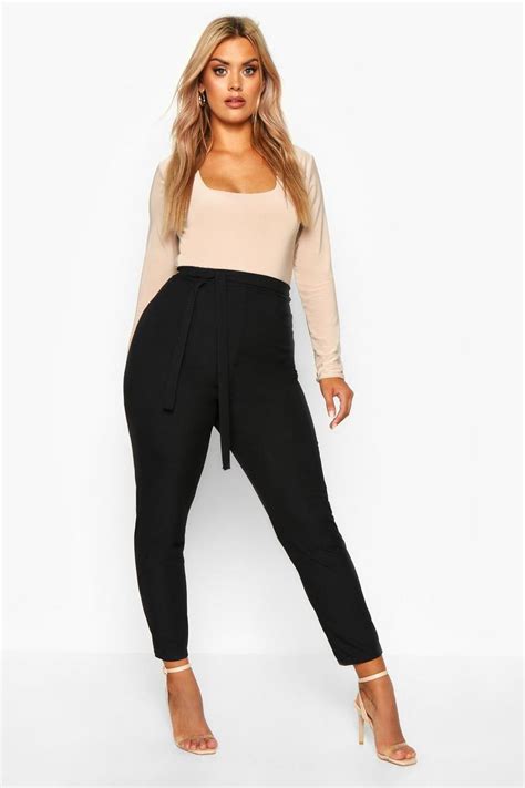 Plus Ribbed High Waisted Tie Waist Tapered Trousers | boohoo UK