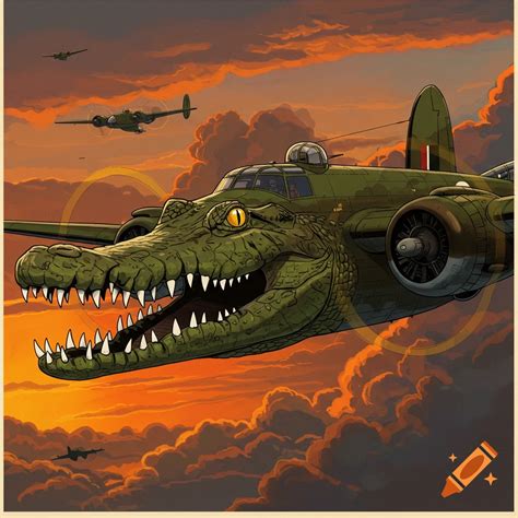 A bomber plane with a large crocodile head flies through a stormy sky ...