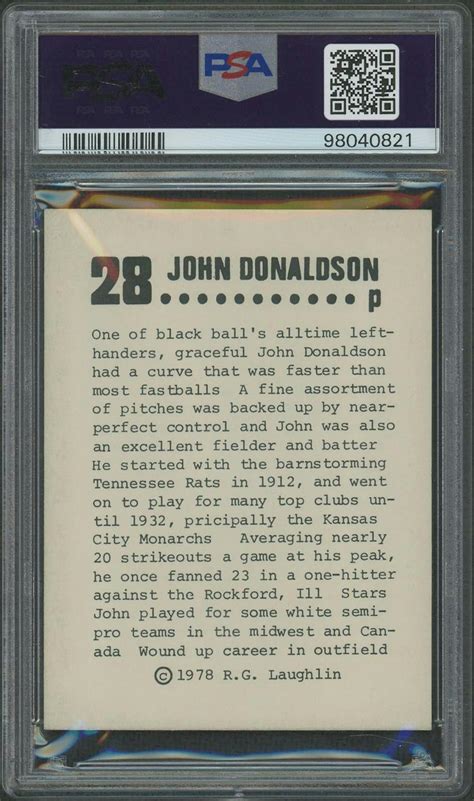 1978 Laughlin Long Ago Black Stars Baseball #28 John Donaldson PSA 7 ...