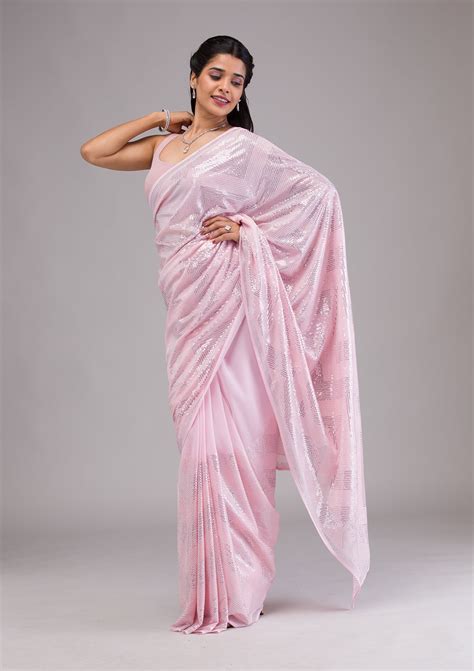 Buy Baby Pink Sequins Georgette Saree - Koskii