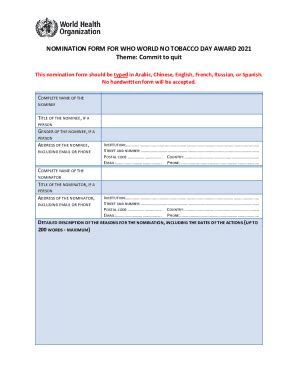 Fillable Online NOMINATION FORM FOR WHO WORLD NO TOBACCO DAY AWARD 2021 ...