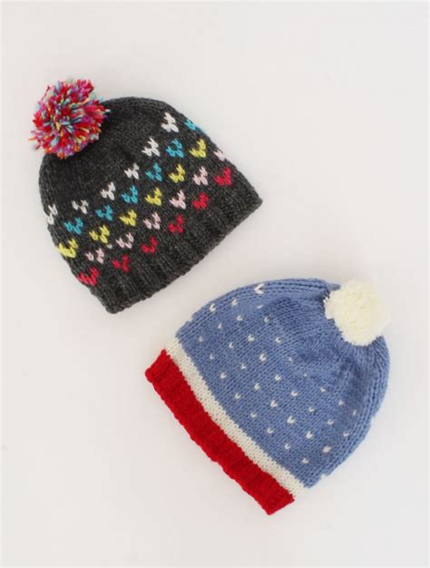 Handmade Knitted Embroidered Pom Pom Detailing Caps Pack Of 2-Grey & Blue