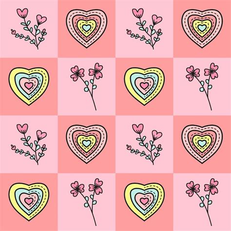 Heart pattern with flower on checkerboard background color | Premium Vector