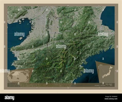Nara, prefecture of Japan. High resolution satellite map. Locations and names of major cities of ...