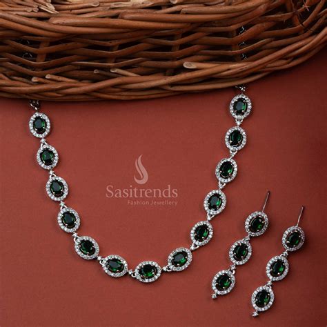 Stunning Oval Pattern Party Wear AD Necklace Set - Rhodium Silver ...