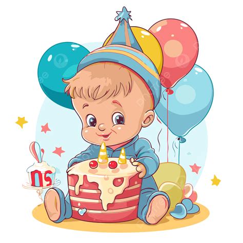 First Birthday Clipart Cartoon Baby With Cake And Balloon Vector ...