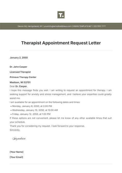 Free Therapist Appointment Request Letter Template to Edit Online