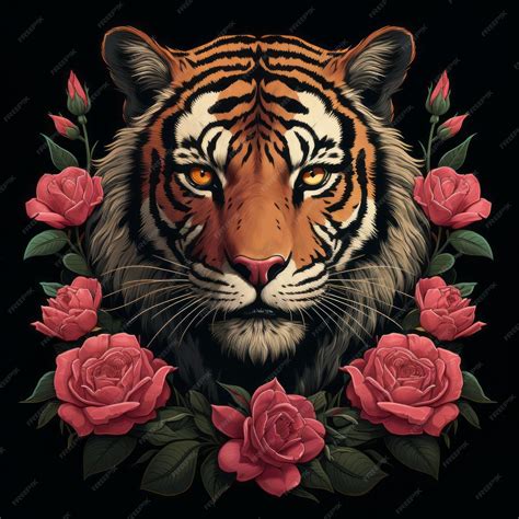Premium AI Image | a tiger surrounded by roses on a black background