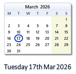 March 17, 2026 Calendar with Holiday info and Count Down - IND