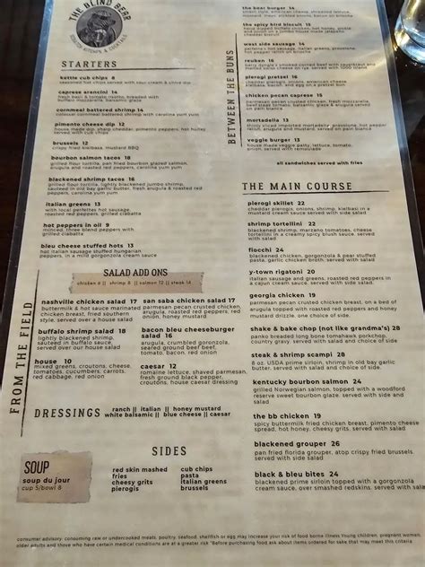 The Blind Bear Menu - Updated November 2025