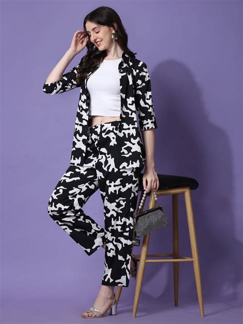 Wild Stylish Shirt-Style Army Printed Black-White Co-ord Set