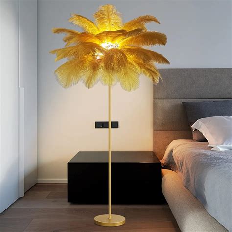 VORDERRY Natural Ostrich Feather Floor Lamp Gold Feather Floor Lamp for ...