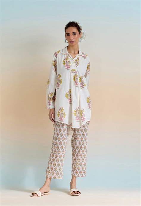 WHITE FLORAL HAND BLOCK PRINTED COORD SET