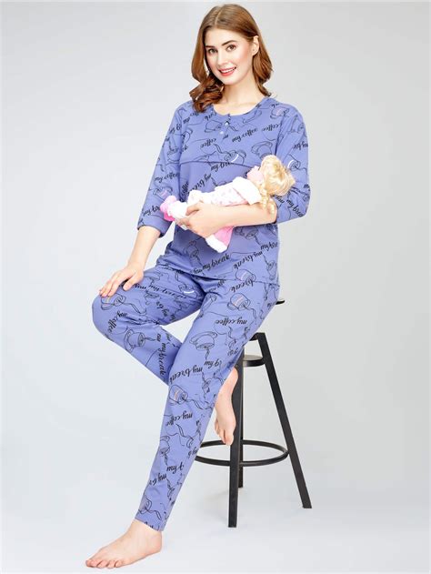 ZEYO Women's Cotton Cup & Saucer Printed Blue Nursing & Maternity Nigh